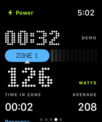 Live power at 126 watts in Zone 1, with time in zone and average power.