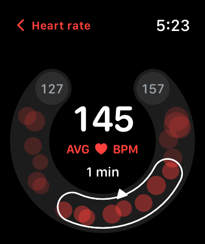 Workout summary showing an average heart rate of 145 bpm over one minute.