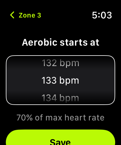 Zone editor choosing where the Aerobic zone starts: 133 bpm, 70% of max heart rate.