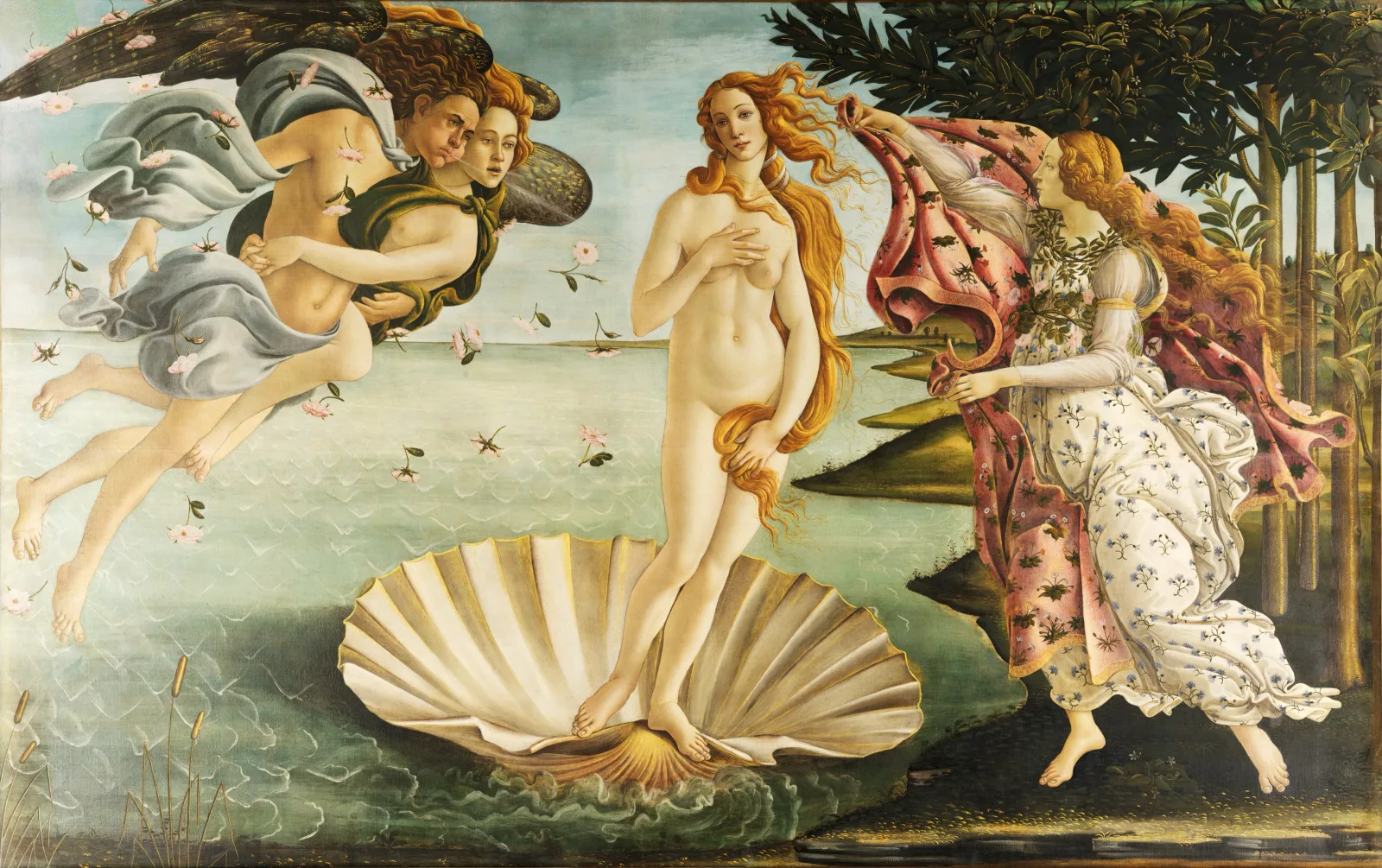 Venus standing on a seashell at the shore, surrounded by figures and falling roses.